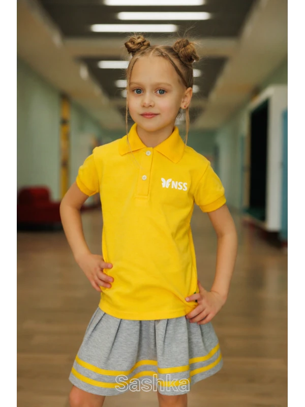 Поло для дівчинки жовте з логотипом школи NSS, розмір 116-188